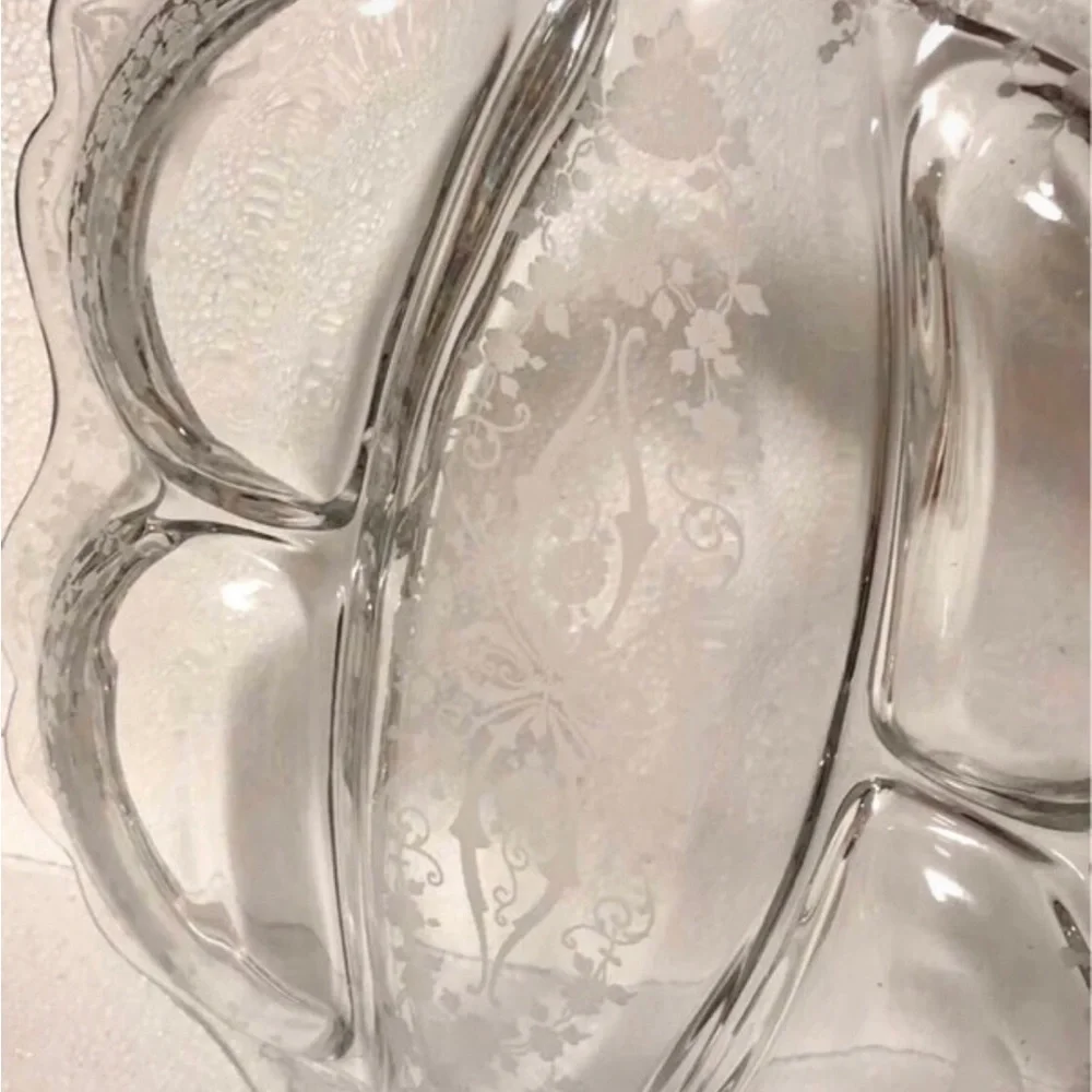 Vintage Cambridge Rose Point Relish Dish 5 Part Divided Etched Glass 1930s